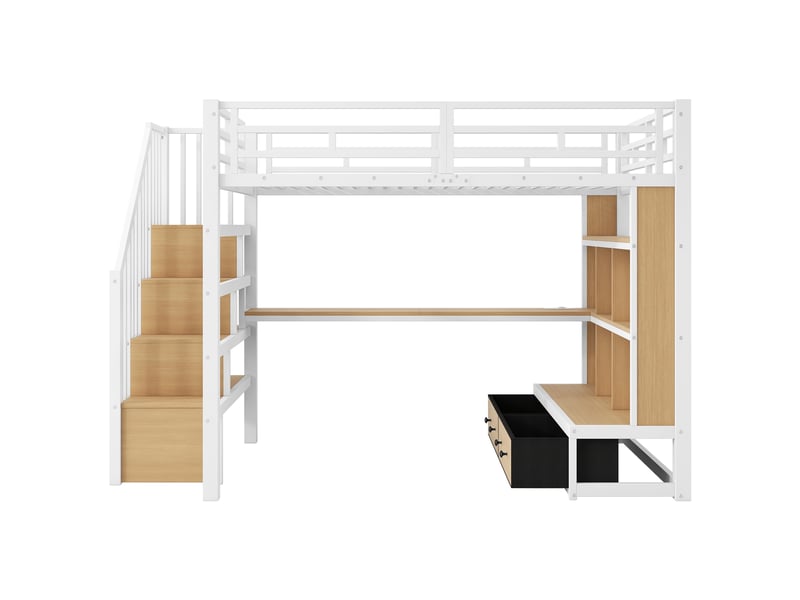 Lit mezzanine 2 places 200 × 140 cm avec bureau, étagères, 2 tiroirs et led, sans matelas, blanc en métal - Conforama E