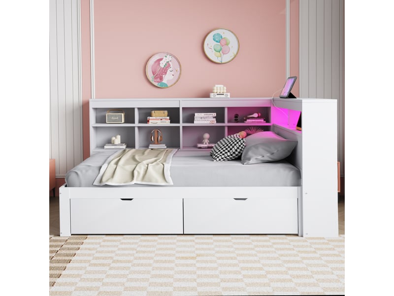 Lit coffre 90x200 cm avec rangements, led et usb, pin blanc, sans matelas - Conforama R