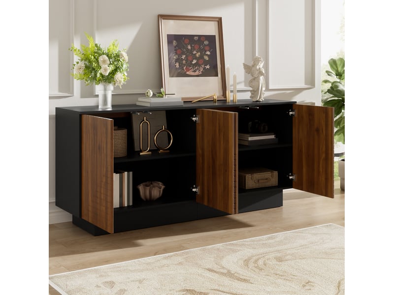 Buffet 4 portes 160x40x75 cm à façades striées, finition noyer - Conforama C