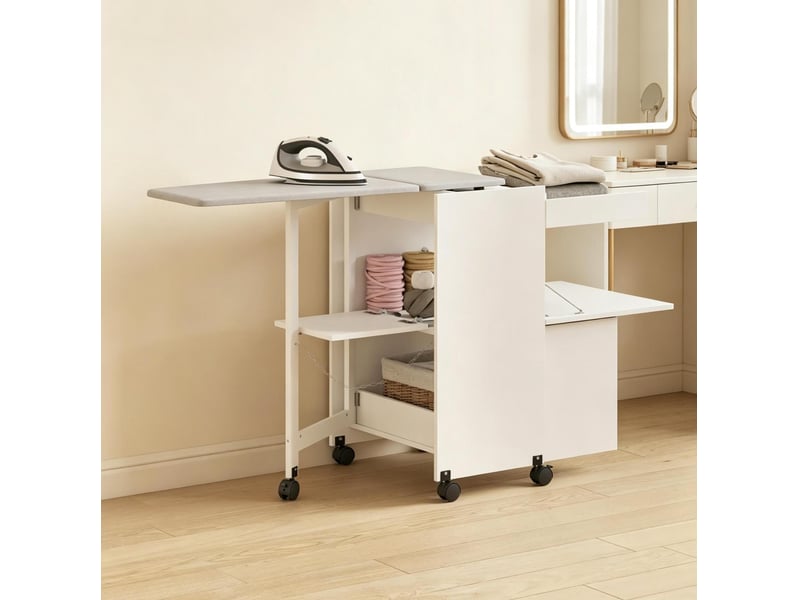 Meuble de repassage tcqpz pliable à roulettes 154 x 55 x 87 cm avec rangement blanc et gris - Conforama E