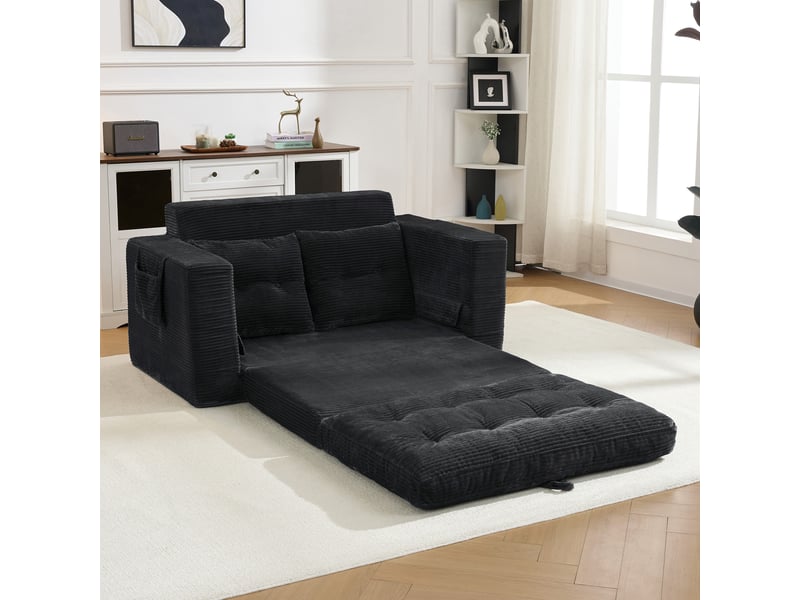  Canapé modulable 2 places 140x85x67 cm, canapé salon avec accoudoirs larges, poches latérales, gain de place, velours côtelé, noir Seren Glow - Conforama D