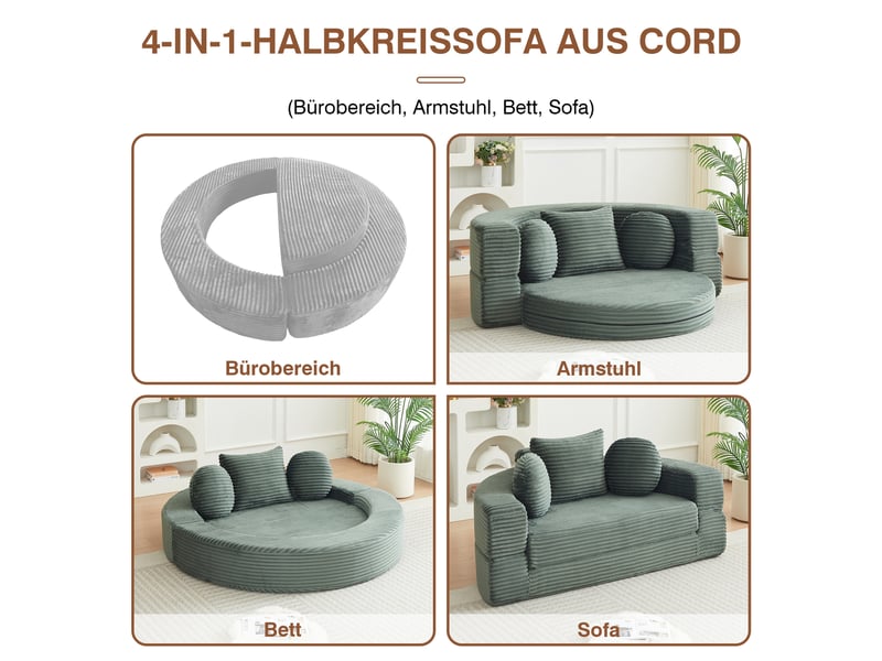  Canapé Convertible 4-en-1 Vert en Velours Côtelé Modulable Lit de Jour Rond  - Conforama E