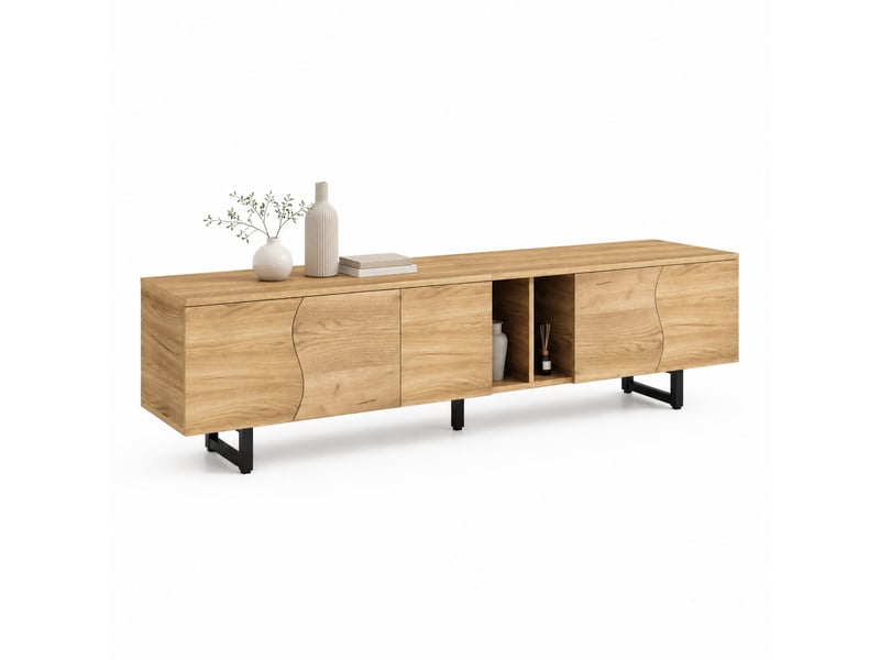  Meuble tv bas 5 portes 191x38x46,5 cm avec étagères ouvertes, finition naturelle  - Conforama A