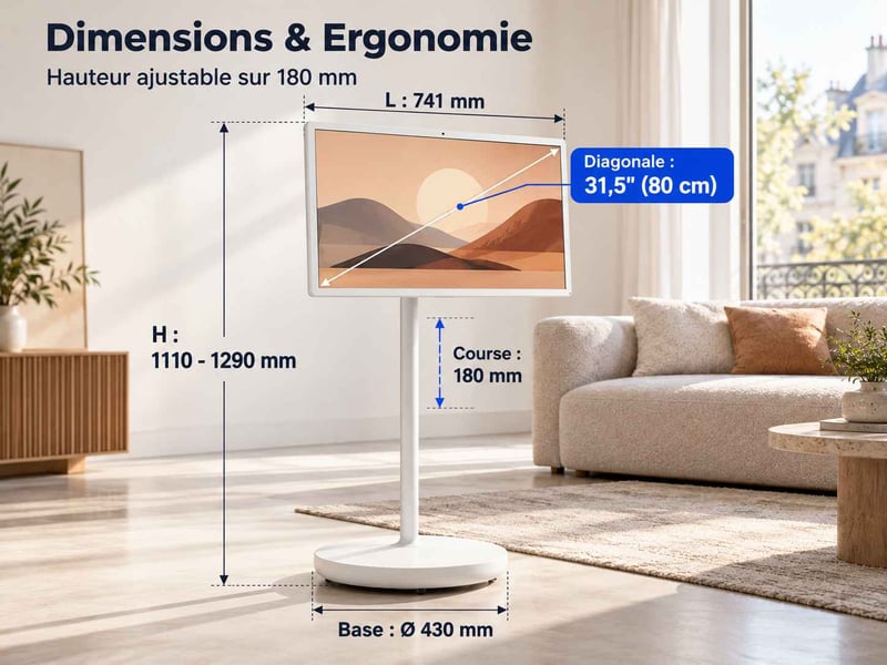  Écran tactile connecté 31,5 pouces sur support tv sur pied avec roulettes, android 15 fhd pivotant avec batterie, blanc  - Conforama C