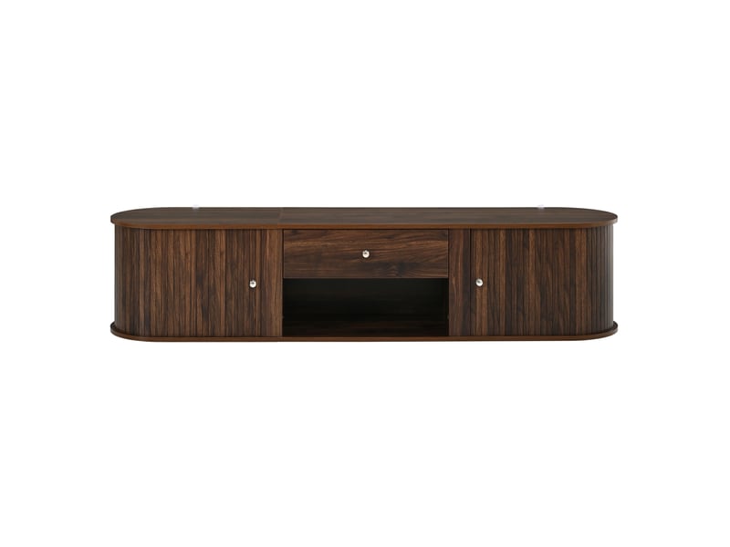  Meuble tv bas avec 2 portes coulissantes, 1 tiroir et angles arrondis, panneaux de particules, 180 × 40 × 40 cm, noyer  - Conforama A