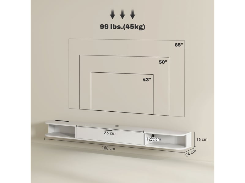  Meuble tv suspendu, meuble télé pour téléviseur jusqu'à 75 pouces, tiroir rabattable, 2 étagères, 180x24x16cm, blanc  - Conforama C