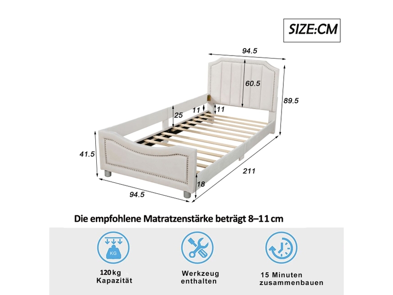  Lit rembourré 90x200 cm flanelle beige multifonction canapé-lit - lit enfant - bords arrondis sécurité design clouté cadre bois  - Conforama C