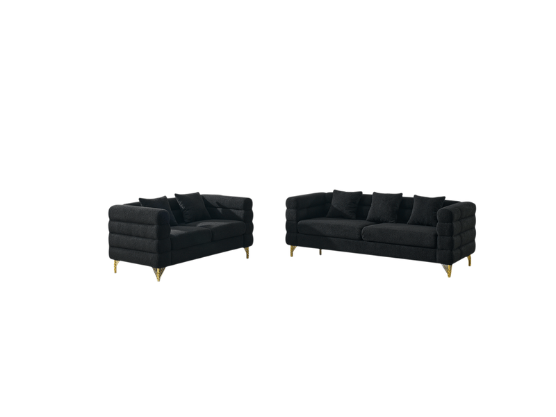 Canapé nuage noir en tissu bouclette, 205,7 x 81 x 71 cm, pieds en métal doré, coussins décoratifs, dossier ondulé - Conforama A