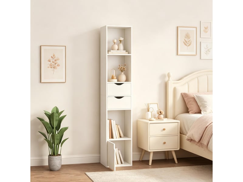 Bibliothèque haute étroite moderne, étagère de rangement salon et bureau avec présentoir élégant - Conforama D