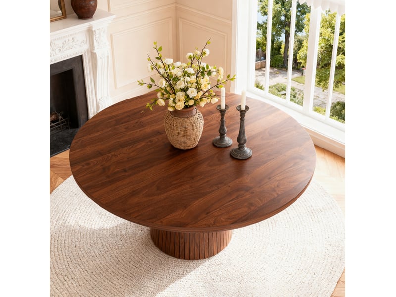 Table à manger ronde 110 cm en mdf finition noyer, jusqu'à 4 personnes - Conforama D