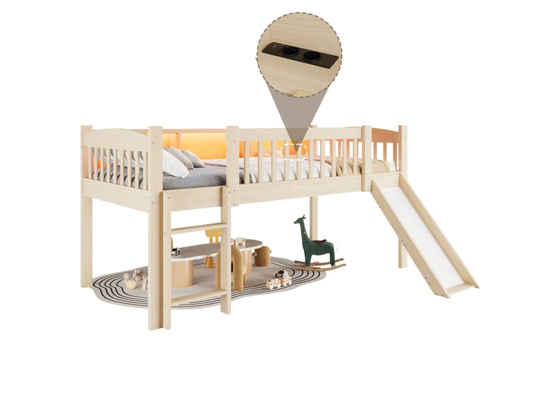  Lit surélevé enfant 90x200 cm avec toboggan, rangements et led coloris naturel  - Conforama A
