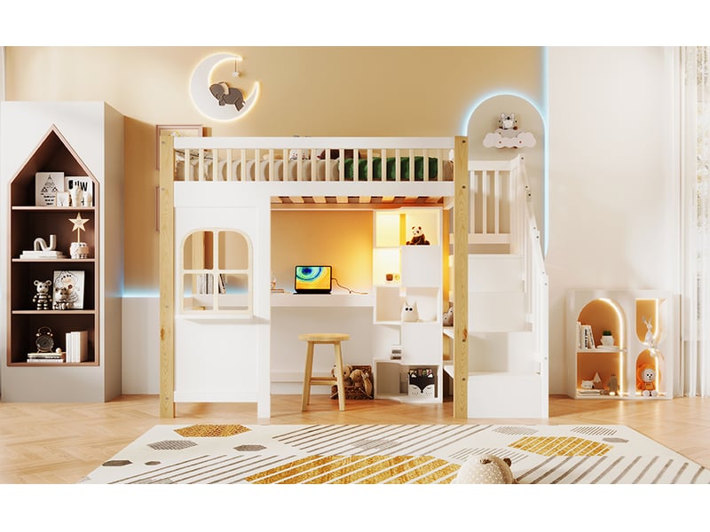  Lit mezzanine enfant 200×90 cm avec bureau, rangements et éclairage led, sans matelas, blanc et bois naturel  - Conforama C