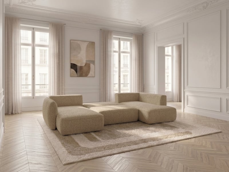  Bobochic canapé d'angle panoramique convertible esmee tissu chenille beige  angle gauche ESMEE - Conforama D
