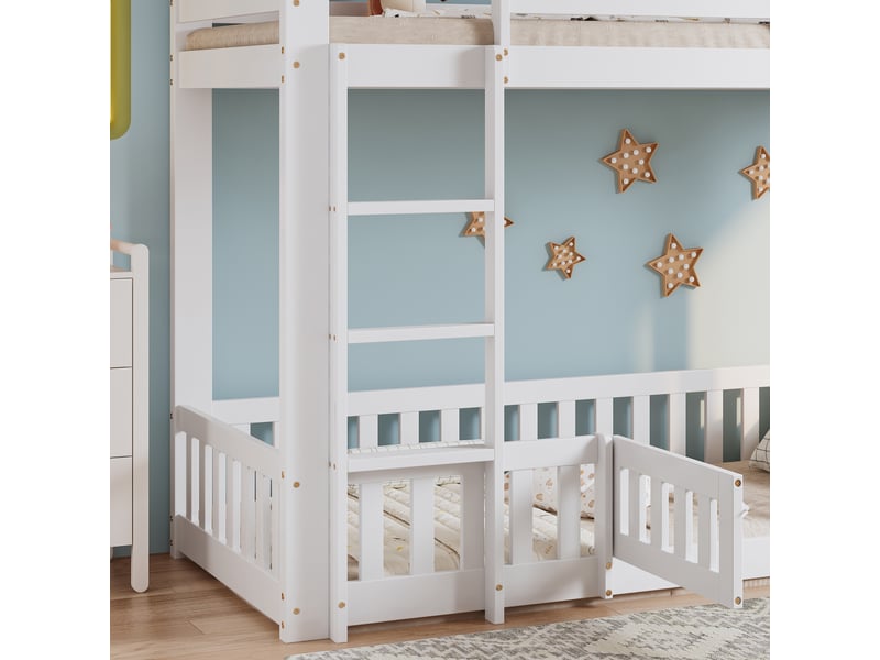 Lit superposé 90x200 cm – lit enfant gain de place avec escalier d'angle et garde-corps – bois de pin – blanc CozyNest - Conforama C