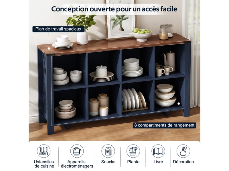  Étagère de rangement horizontale à 8 niches - lpospi - meuble bas avec protection antibasculement mdf bleu 140 × 34 × 75 cm  - Conforama E