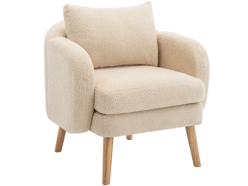  Fauteuil 1 place avec coussin de dossier et assise épaisse pour salon, structure en bois, tissu bouclette beige  - Conforama A