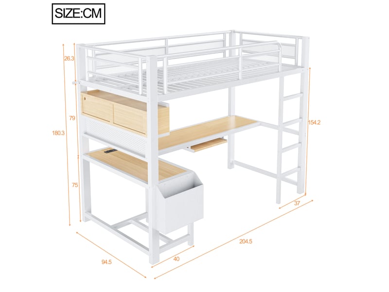  Lit mezzanine, 90x200 cm, bureau avec led et chargeur usb, solutions de rangement, métal et mdf et bois, coloris blanc  - Conforama C