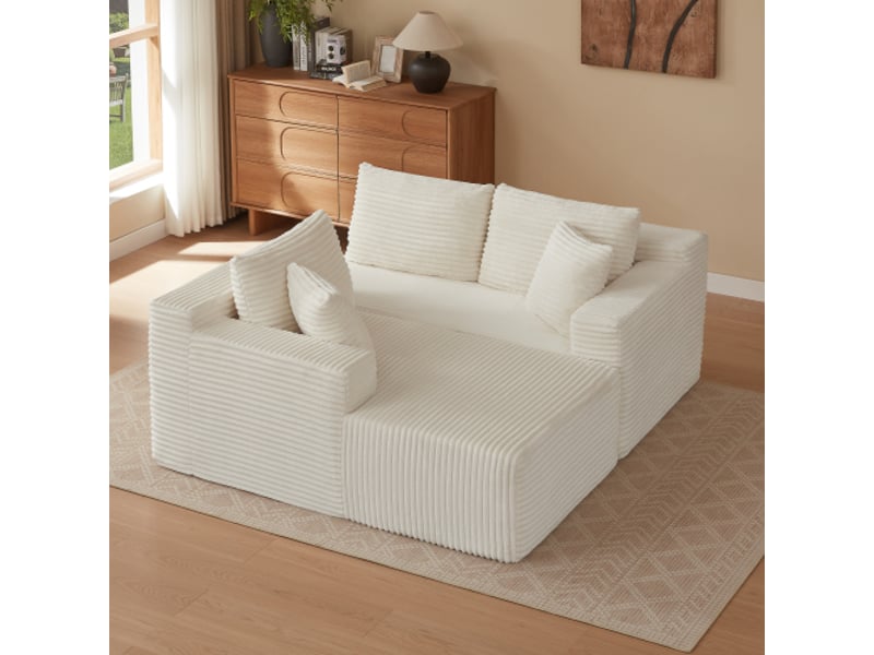  Canapé d'angle modulable, 252.5x163 cm, 4 places avec méridienne, tissu, blanc  - Conforama D