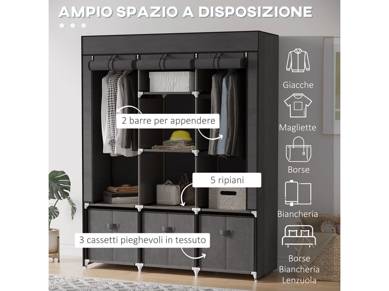  Armoire pliante en tissu avec tiroirs et portes enroulables zippées, 125 x 43 x 162,5 cm, gris foncé  - Conforama E