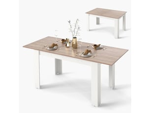 Table extensible salle à manger 120-158 cm en bois pour 6 pers, pieds en forme de l (blanc et naturel)