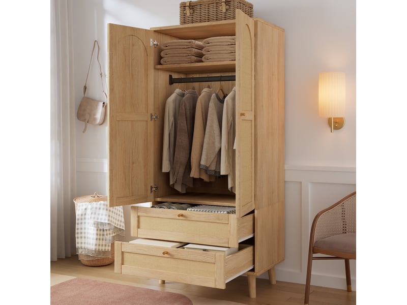  Armoire modenvie effet rotin 80 x 50 x 180 cm avec penderie, étagères et 2 tiroirs en mdf naturel  - Conforama B