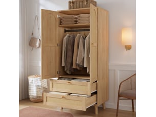 Armoire modenvie effet rotin 80 x 50 x 180 cm avec penderie, étagères et 2 tiroirs en mdf naturel