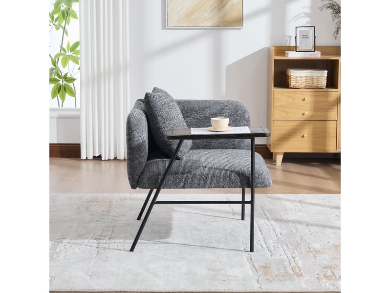  Fauteuil rembourré avec table d'appoint intégrée, poches de rangement et dossier incurvé en chenille gris foncé  - Conforama C