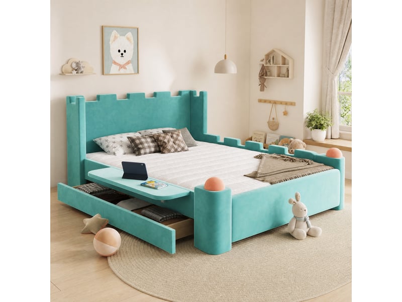 Lit enfant double 140×200 cm avec tiroir et tablette rabattable - okmyhome- velours bleu-vert, sans matelas  - Conforama C