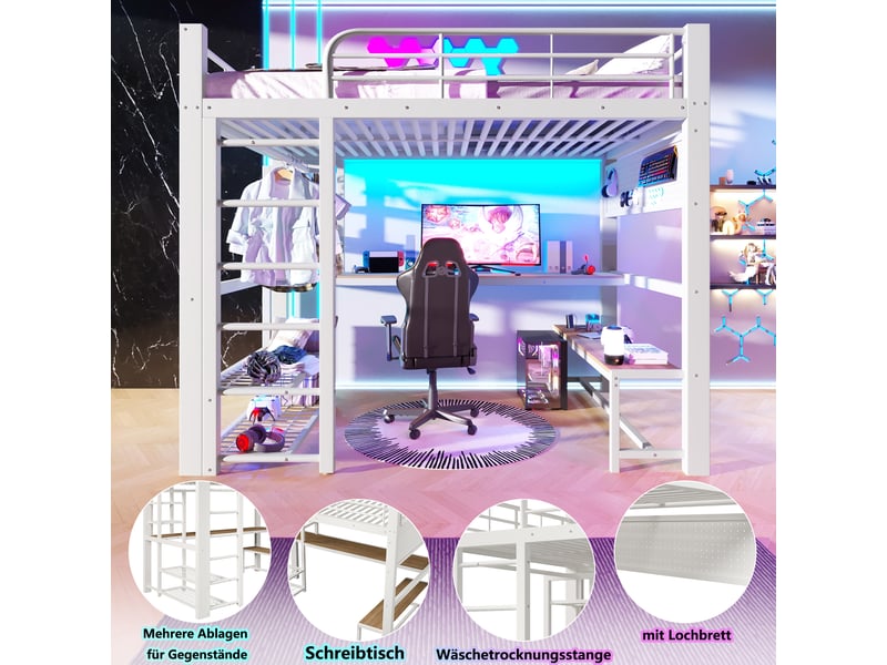  Lit mezzanine 2 places 140×200 cm led, étagères et bureau  - sans matelas, métal - blanc  - Conforama E