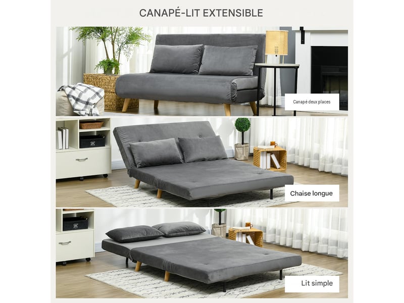  Canapé-lit 2 places convertible aspect velours avec 2 coussins gris 130 x 78 x 79 cm  - Conforama D