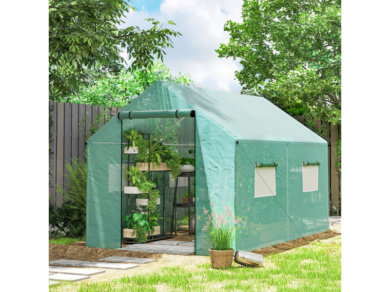  Serre tunnel de 2 x 3 x 2 m avec portes et fenêtres coulissantes et toit pointu, en acier et pe, verte  - Conforama D