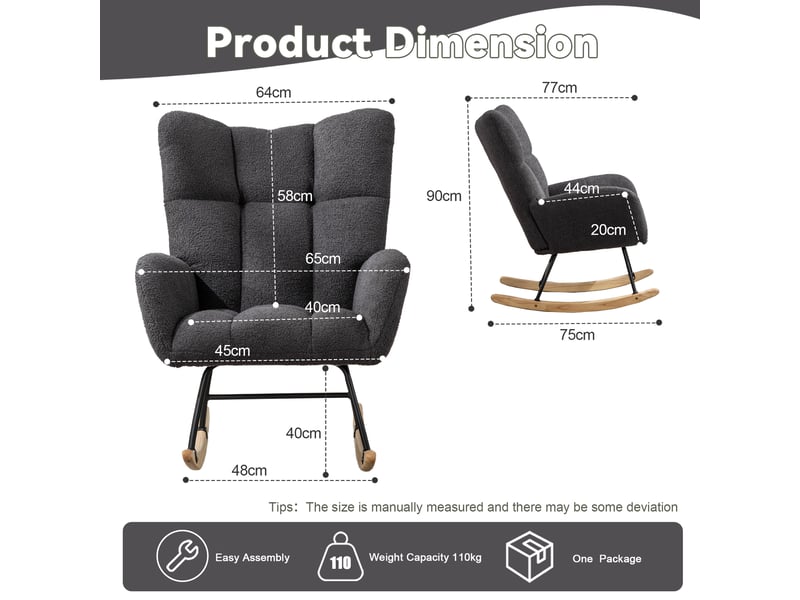  Fauteuil à bascule ergonomique avec dossier enveloppant et poche latérale, en tissu bouclette gris  - Conforama D
