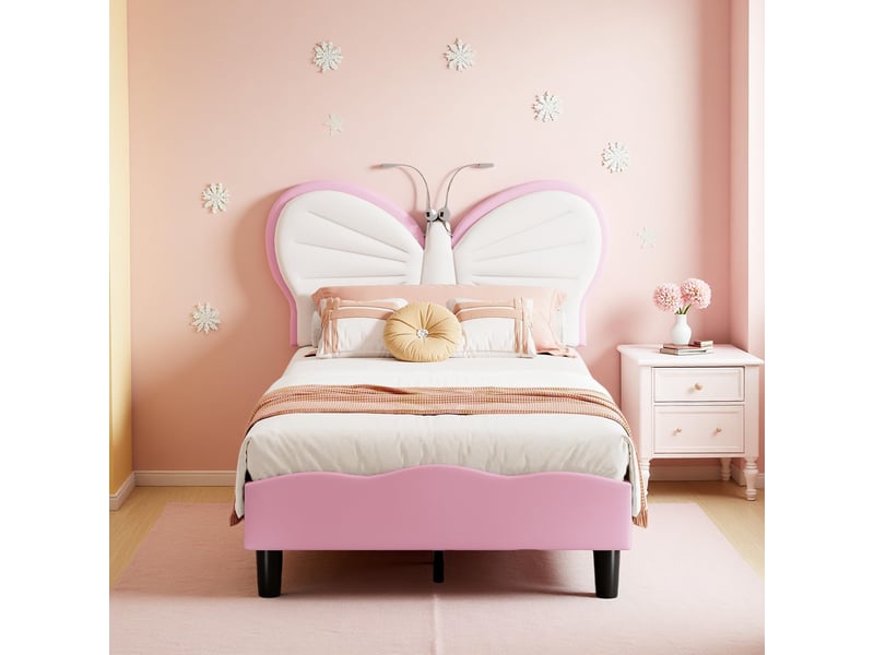  Lit enfant fille 90x190 cm – tête de lit papillon avec lampe de lecture intégrée – hauteur réglable 87,5-92,5 cm – velours – structure renforcée jusqu'à 350 lbs – sommier à lattes inclus  - Conforama B