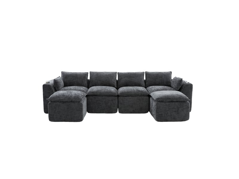  Canapé droit modulaire 4 places en tissu gris foncé avec 2 repose-pieds, porte-gobelets et poches latérales  - Conforama A