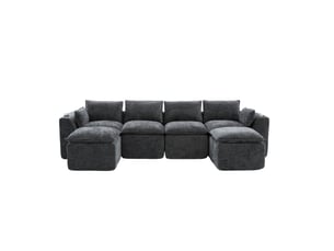 Canapé droit modulaire 4 places en tissu gris foncé avec 2 repose-pieds, porte-gobelets et poches latérales