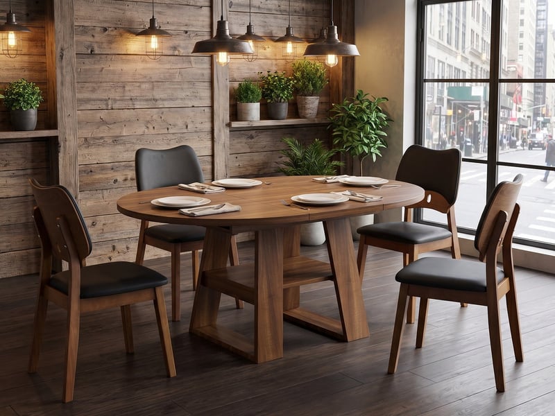 Ensemble table extensible + 4 chaises design, table ronde avec étagères 110150x110 cm, noyer, dossier papillon, assise rembourrée - Conforama B