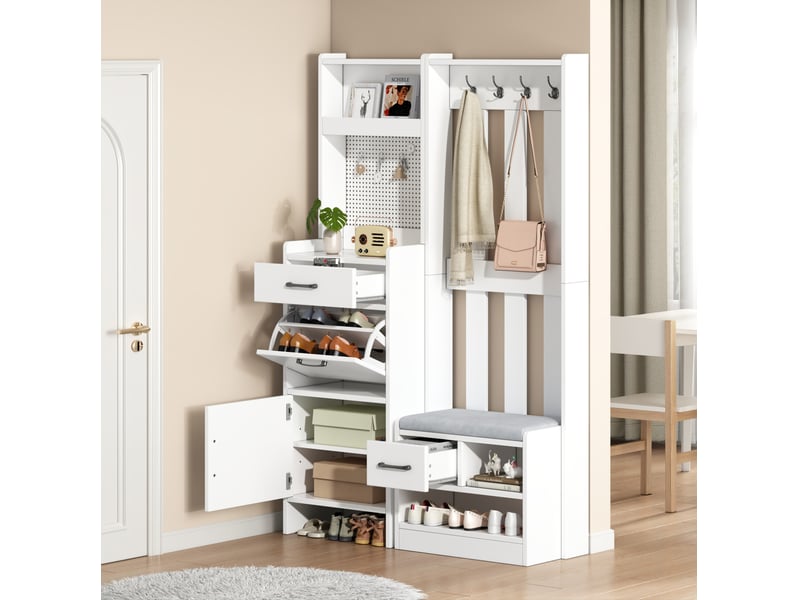  Meuble d'entrée vestiaire 110x35x175,5 cm, 7-en-1 avec banc à chaussures, porte-manteau, 2 tiroirs, aggloméré blanc  - Conforama B