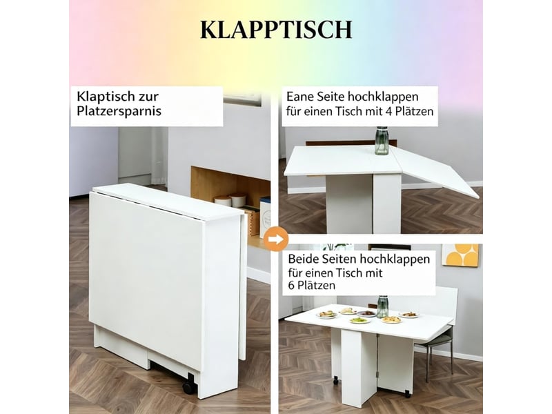  Table de salle à manger pliante extensible à roulettes avec 2 niches de rangement pour cuisine et salon, blanche  - Conforama E