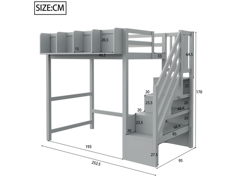 Lit mezzanine enfant 90x200 cm – gris – led, étagères ouvertes et échelle latérale - sans matelas - Conforama C