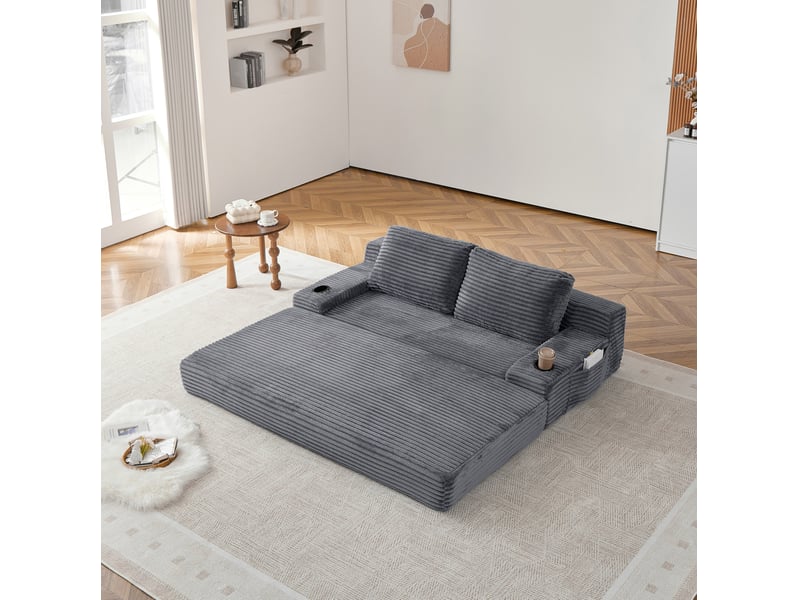  Canapé convertible modenvie 2 places en velours côtelé gris avec porte-gobelets et poches de rangement 180 x 85 x 62 cm  - Conforama B