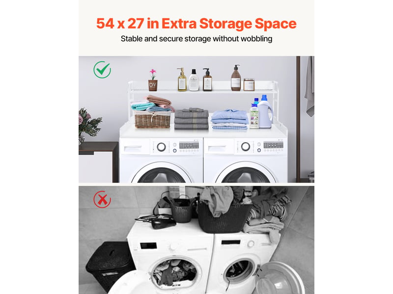  Comptoir pour lave-linge et sèche-linge 2 niveaux, plateau bois 1370 x 700 mm, crochets et coussinets antidérapants, blanc C240331S-03 - Conforama D