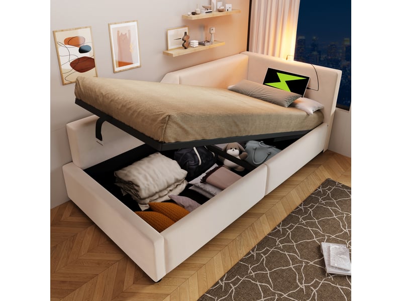  Modenvie lit banquette 90x200 cm - rangement hydraulique, ports usb-c, sommier inclus - beige  - Conforama E