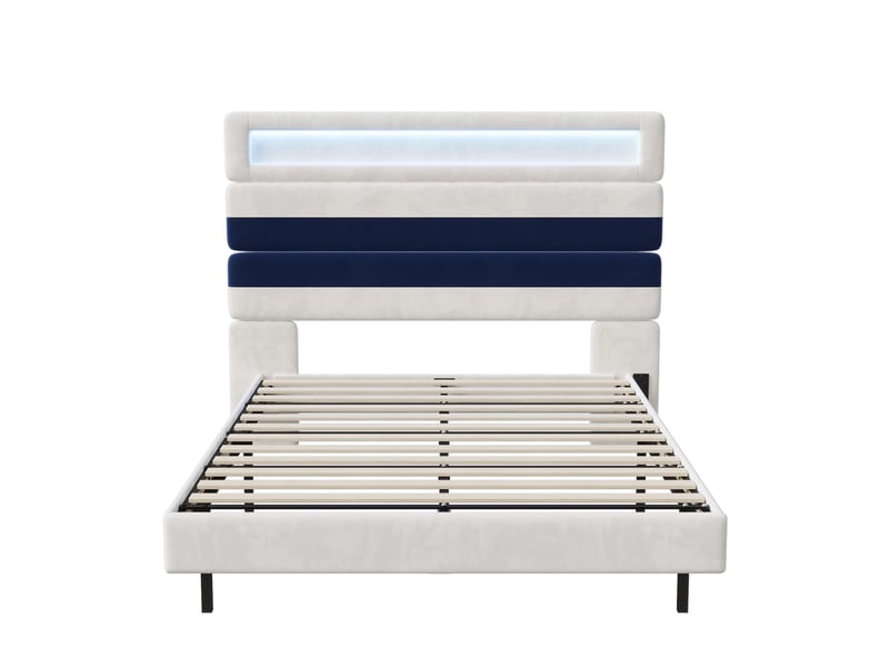  Lit 140x190cm - lit double 140x190 - avec tête de lit modulable rayures en velours, led rvb, usb et ue - beige  - Conforama A