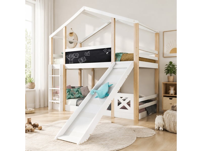 Lit superposé enfant cabane avec toboggan et échelle 90x200 cm blanc - Conforama C