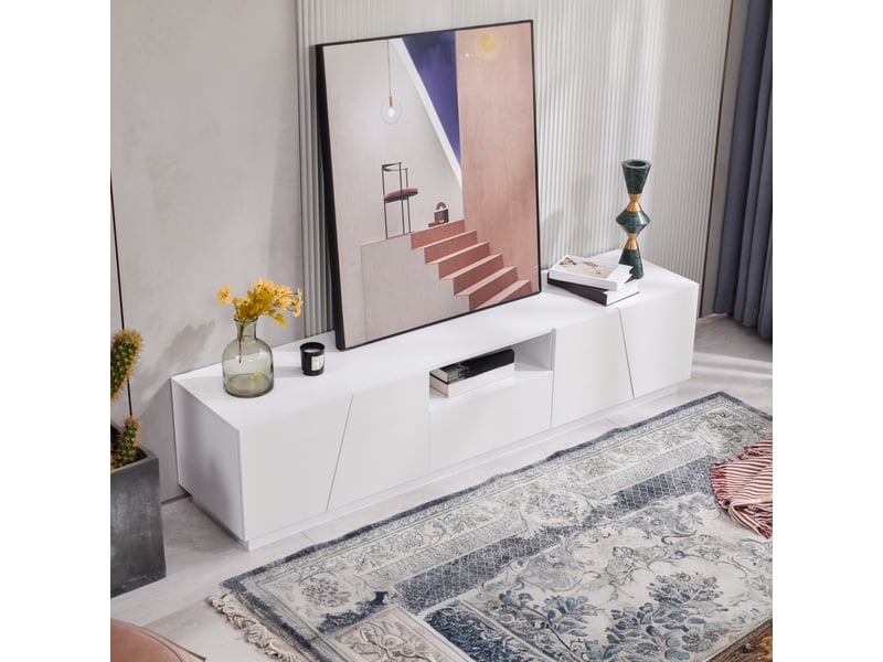  Meuble tv avec 4 portes et 2 niches à panneaux segmentés pour salon 170×37×42 cm en mdf blanc  - Conforama B