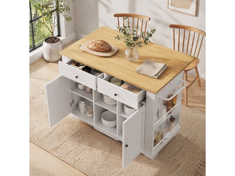  Îlot de cuisine mobile avec prises, 2 tiroirs, plateau rabattable, blanc naturel  - Conforama B