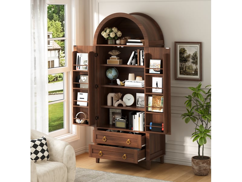  Buffet 76x40x179,5 cm à led avec 2 portes et 2 tiroirs coloris noyer  - Conforama B
