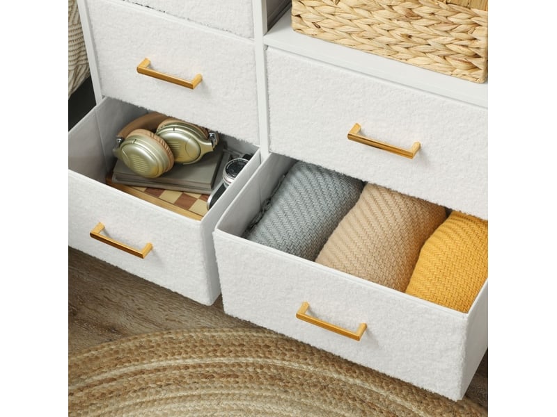  Commode de rangement 110x30x76 cm – blanc crème – 8 tiroirs en tissu, prises intégrées et cadre en acier  - Conforama E