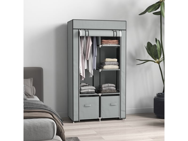  Armoire en tissu compacte avec penderie,5 étagères,2 tiroirs et housse zippée, 83×42.5×162.5 cm,gris clair  - Conforama D