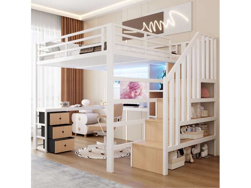  Lit mezzanine enfant 140 x 200 cm blanc avec bureau, rangement et led  - Conforama D